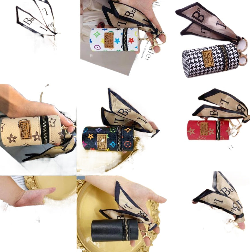 Lipstick Bag Keychains Letter Silk Scarf Key Chains Ring Fashion PU Leather Coin Purse Case Pendant Keyring Charm Jewelry for Men Women Gifts multic
