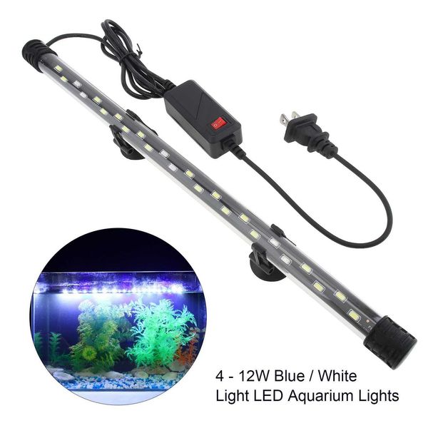 4 - 12W Ultra Bright Blue - White Light LED Aquarium Lights IP68 Waterproof Submersible Lights Fish Tank Light with US PlugLX241107