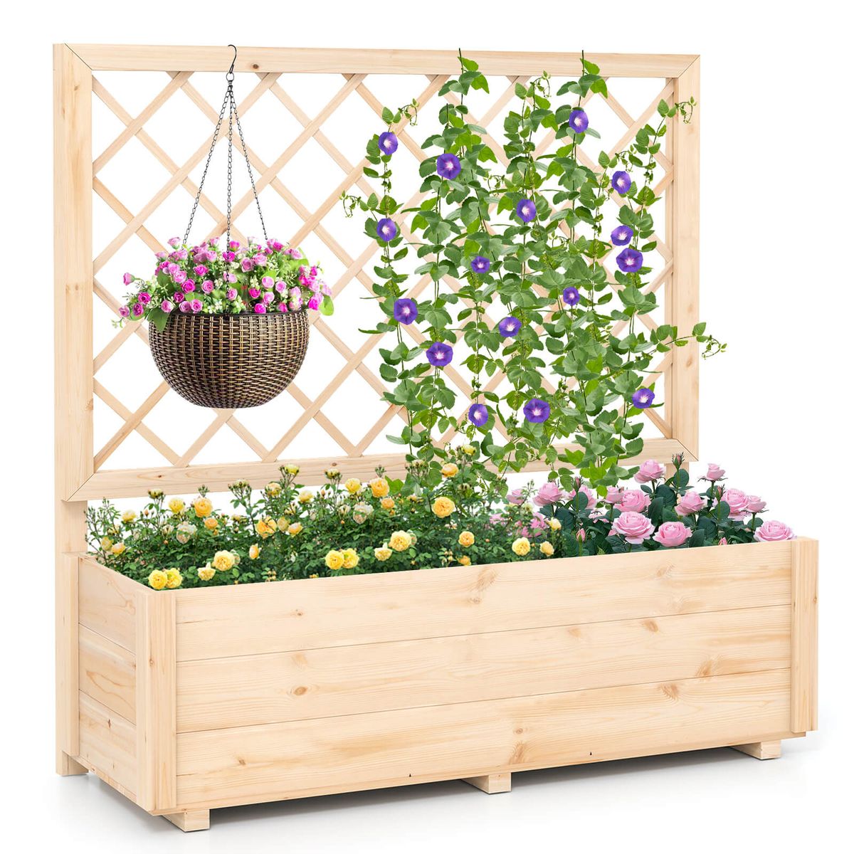40" Wooden Raised Garden Bed with Lattice Trellis for Climbing Plants - 1-Piece