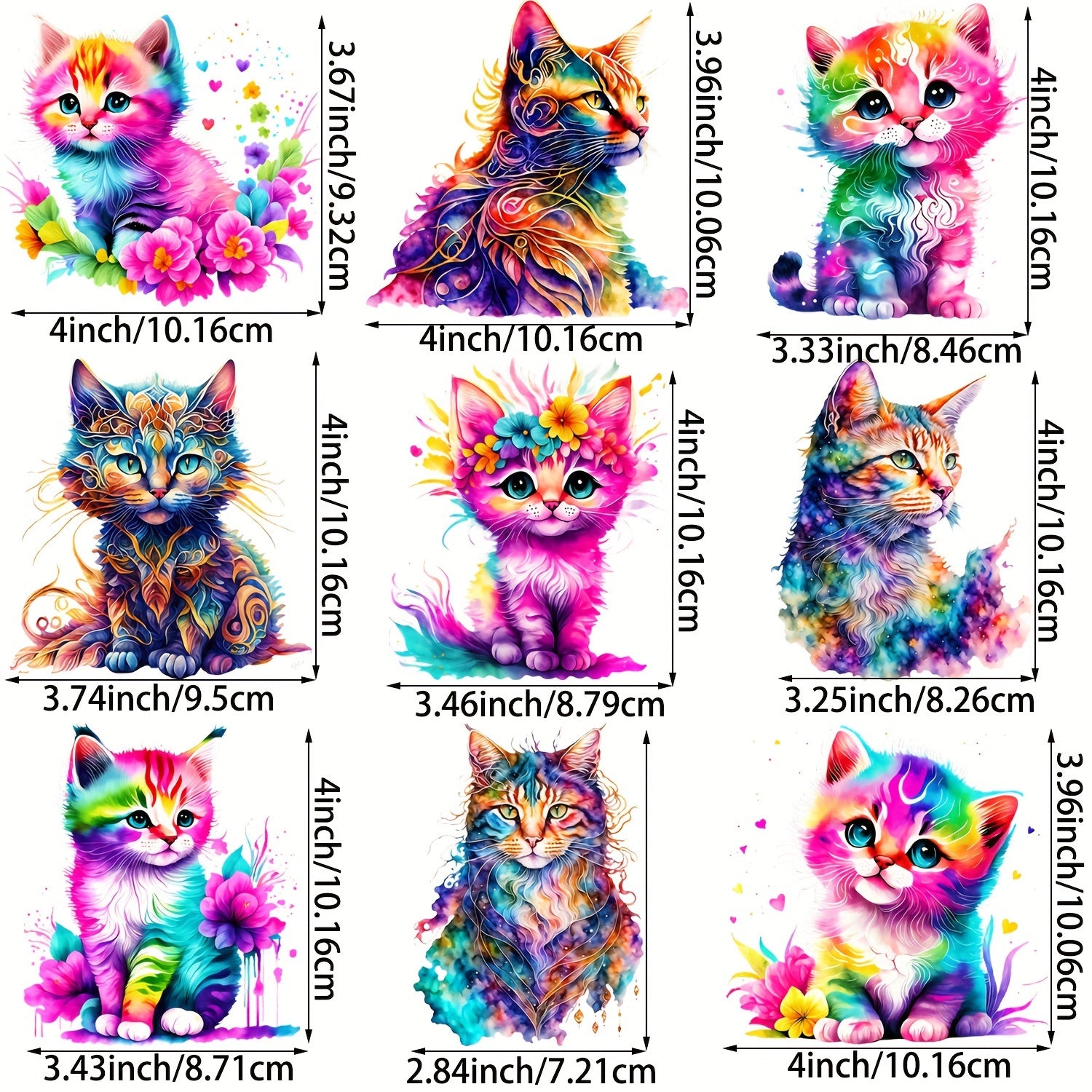 TEMU 9pcs Cute Floral Cat Iron-on Transfer Decals - Watercolor Vinyl Patches For Diy T-shirts, Denim Jackets & More - Durable & Machine Washable