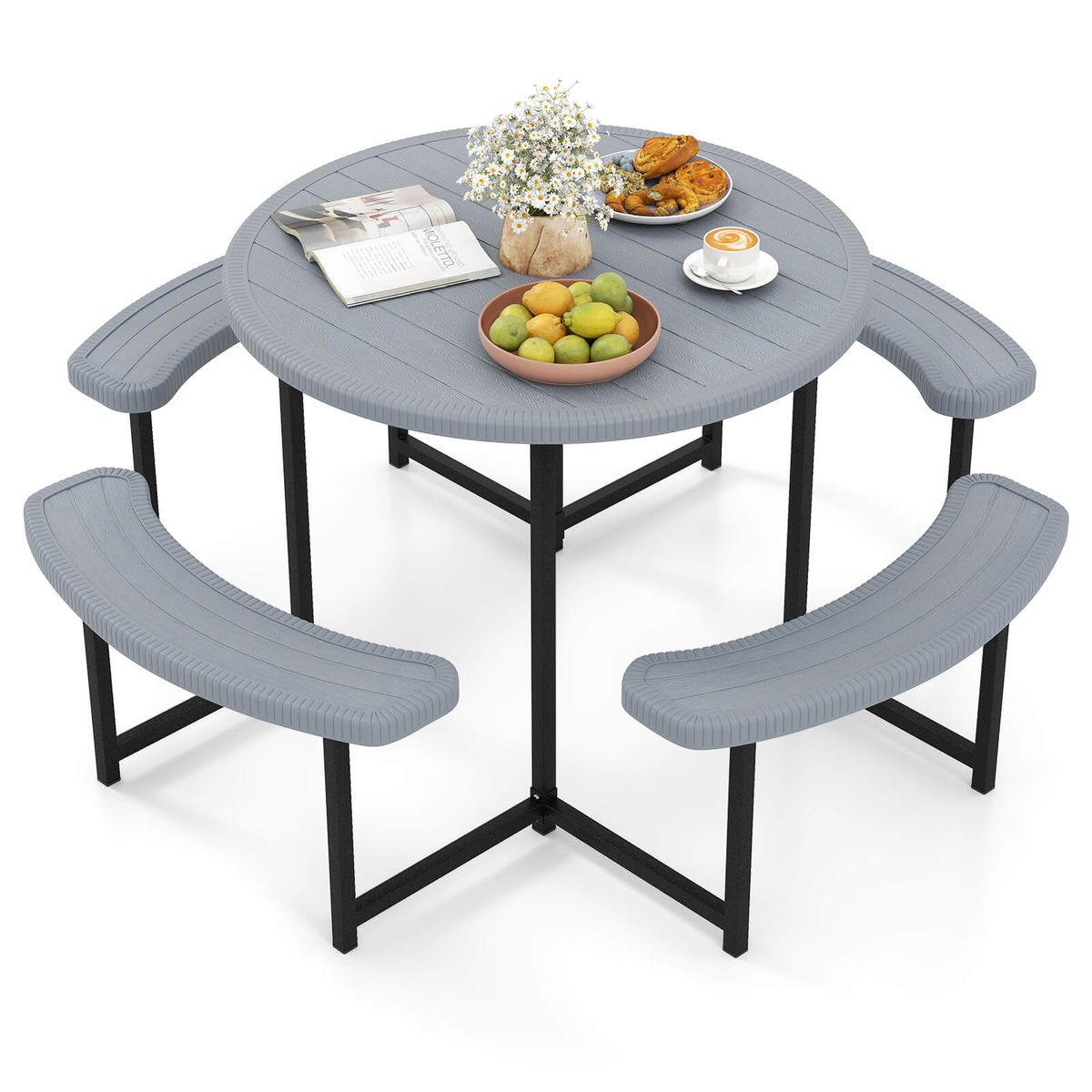Round Picnic Table Set with 4 Curved Benches and 1.57" Umbrella Hole - Table Bench-Gray