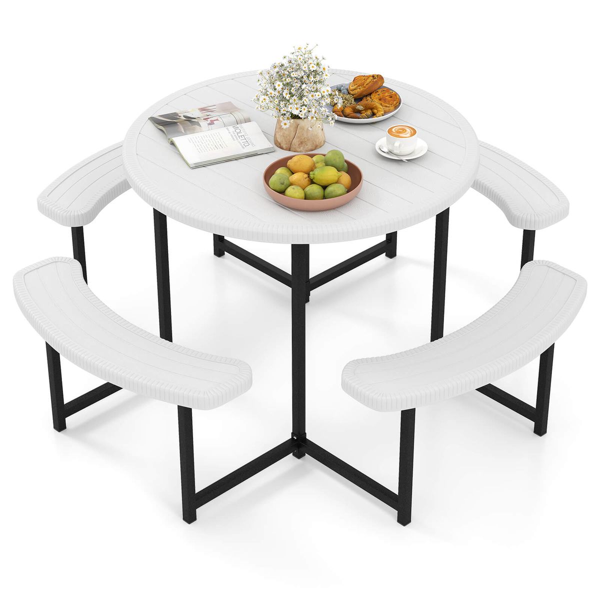 Round Picnic Table Set with 4 Curved Benches and 1.57" Umbrella Hole - Table Bench-White