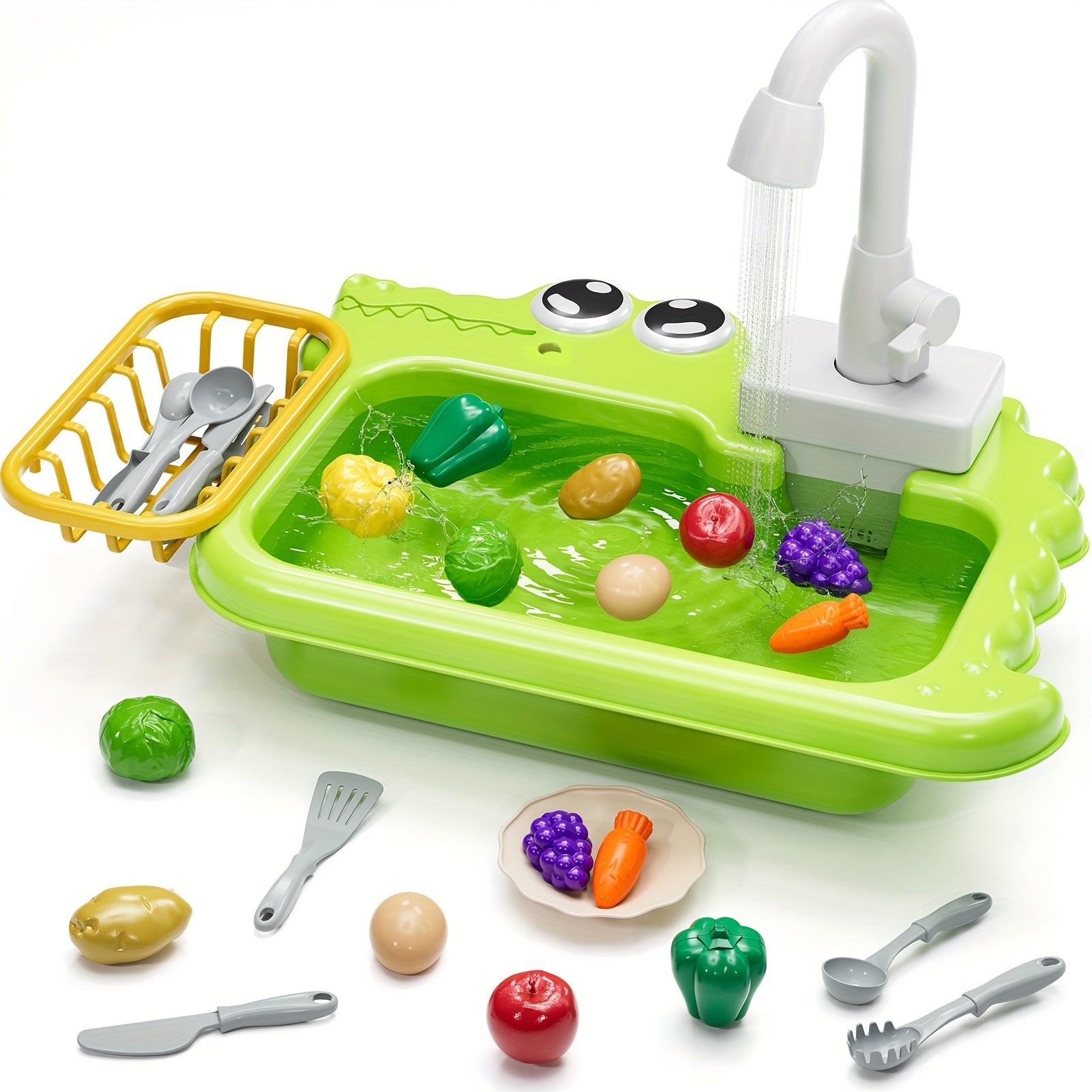 TEMU Mini Sink Toy With Running Water & Automatic Water Cycle System - Interactive Pretend Play Dishwasher For Kids, Green Abs Plastic, Includes