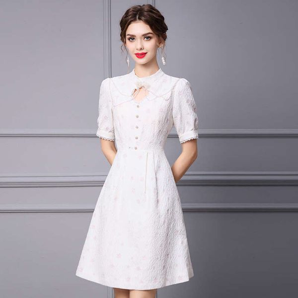 White Dress for Women 2024 Summer New Style Bubble Sleeve Aging Butterfly Pearl Jacquard High Waist A-line Skirt Temperament Waist Round Nec