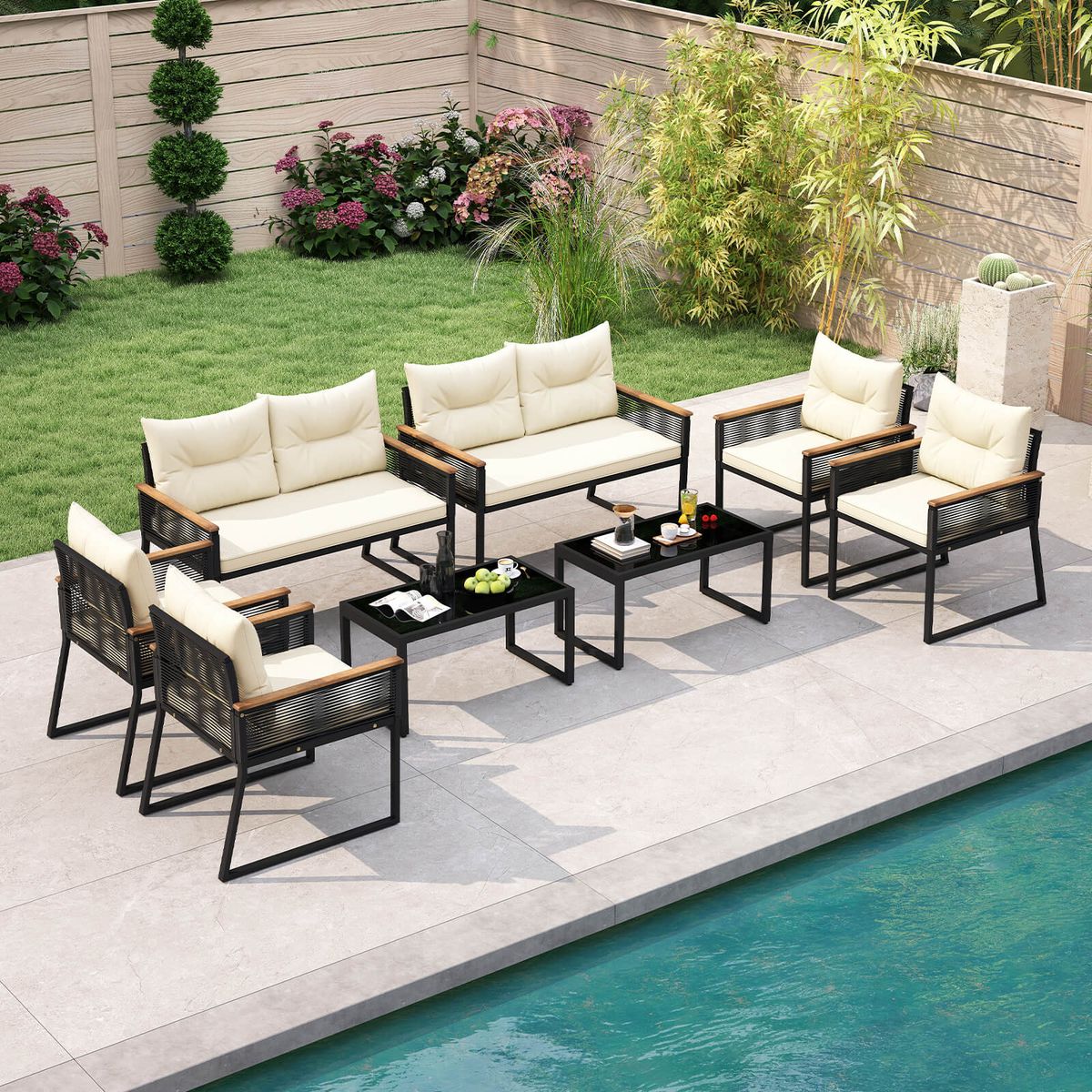 Patio Furniture Set with Tempered Glass Tabletop - 8-Piece
