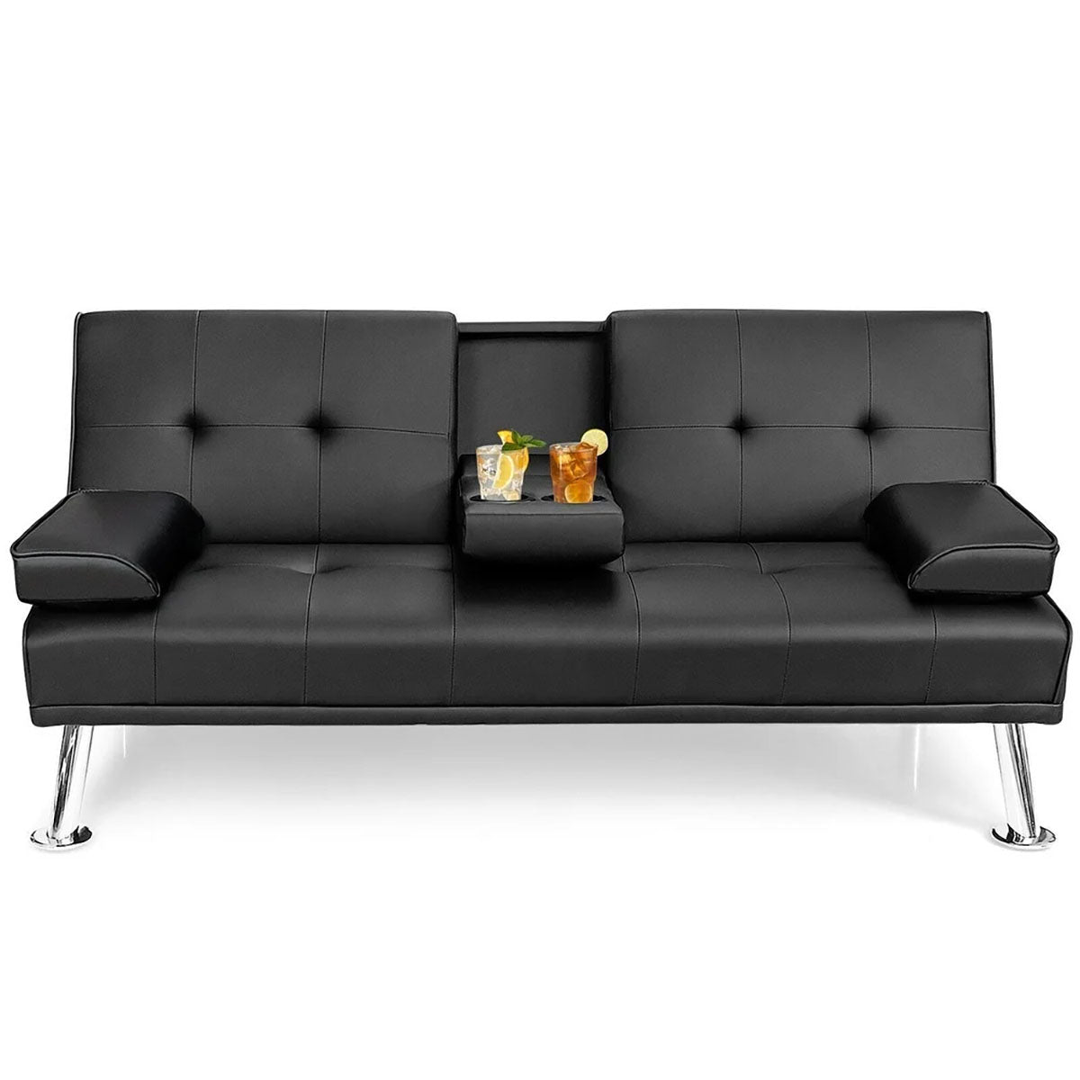 Convertible Folding Leather Futon Sofa with Cup Holders and Armrests - Sofa Bed BK