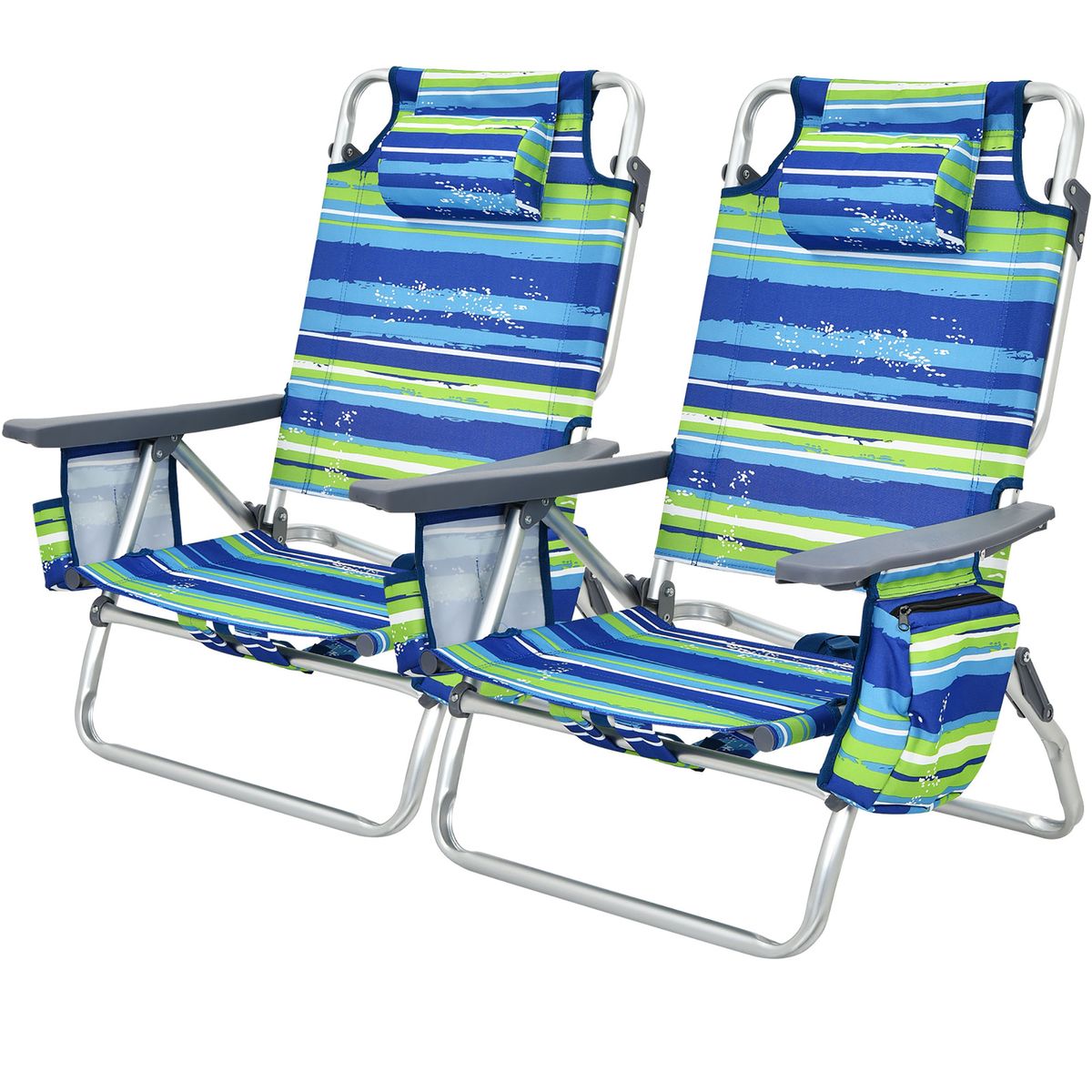 Backpack Beach Chairs with 5-Positions (Set of 2)  - Blue Stripe