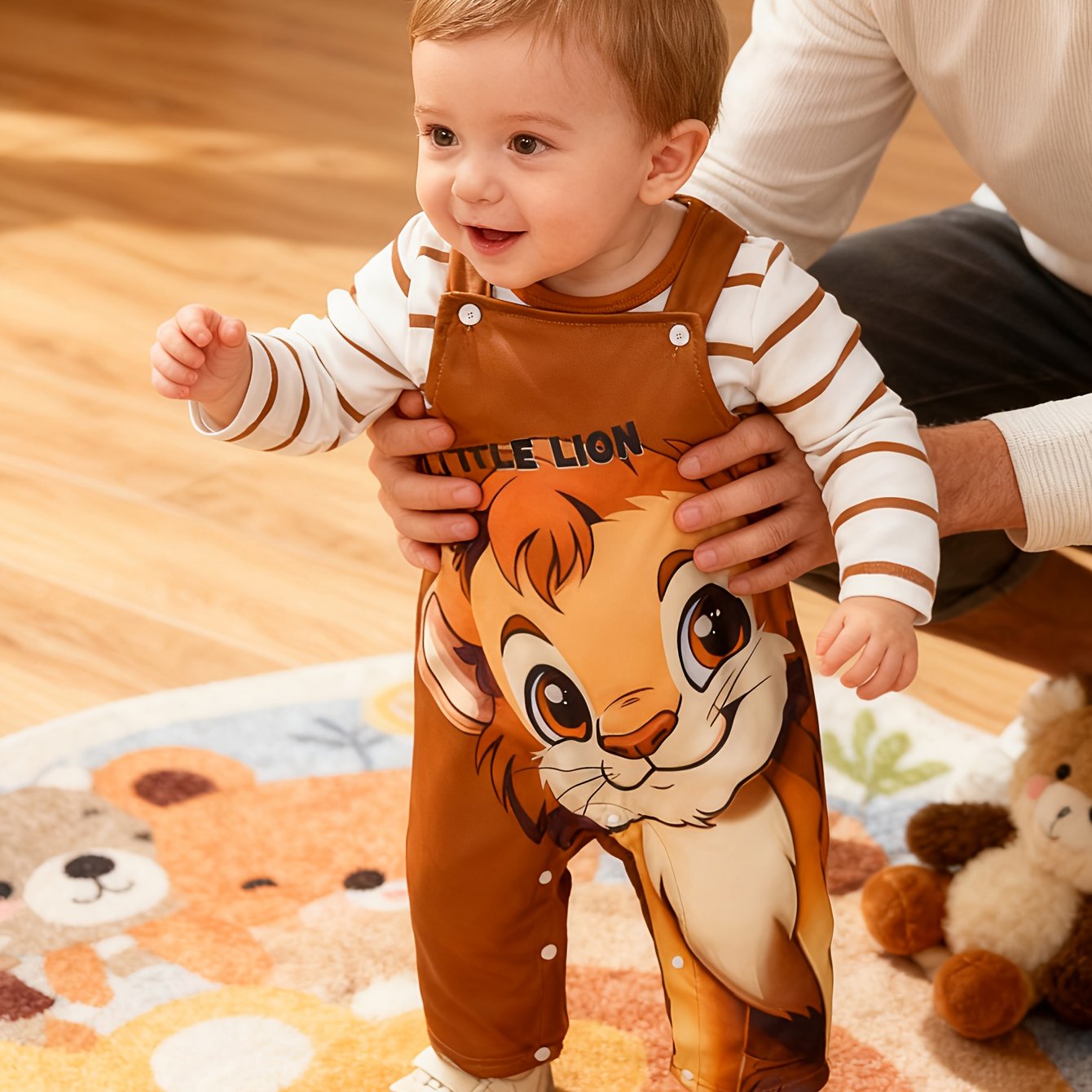 TEMU 2pcs Set Of Male Infant Newborn Striped Long Sleeved T-shirt&cartoon Lion Print Suspender Pants Set For Spring And Autumn Casual Cute Clothing,