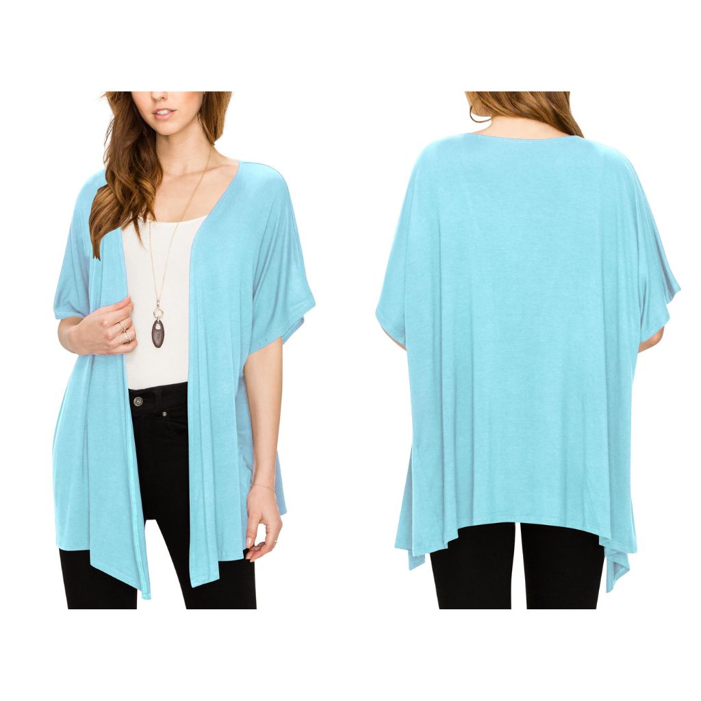 Women's Short Sleeve Open-Front Loose Kimono-Style Cardigan - 2X-Large - Aqua
