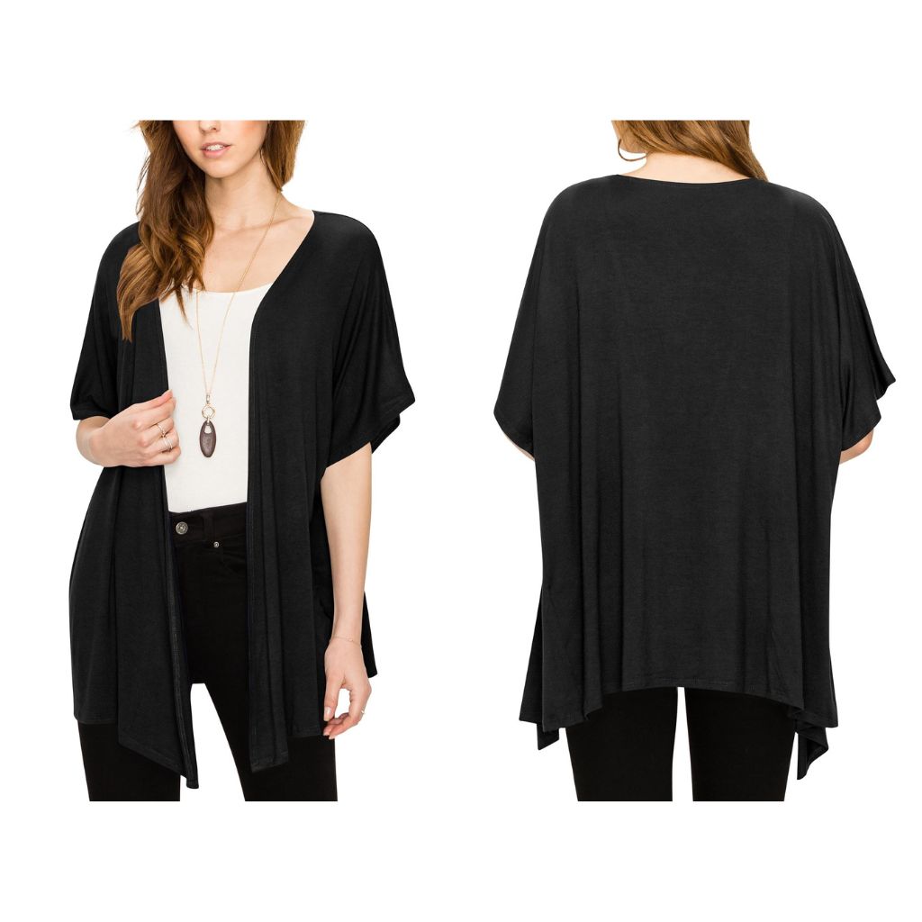 Women's Short Sleeve Open-Front Loose Kimono-Style Cardigan - 3X-Large - Black