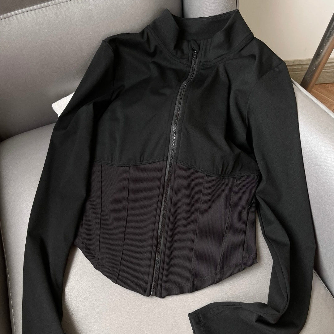Yoga Long Sleeve Stand Collar Jacket Slim Fit Waist Cinching Sports Top Short Style Breathable High Elasticity Outerwear for Running Cycling Fitness