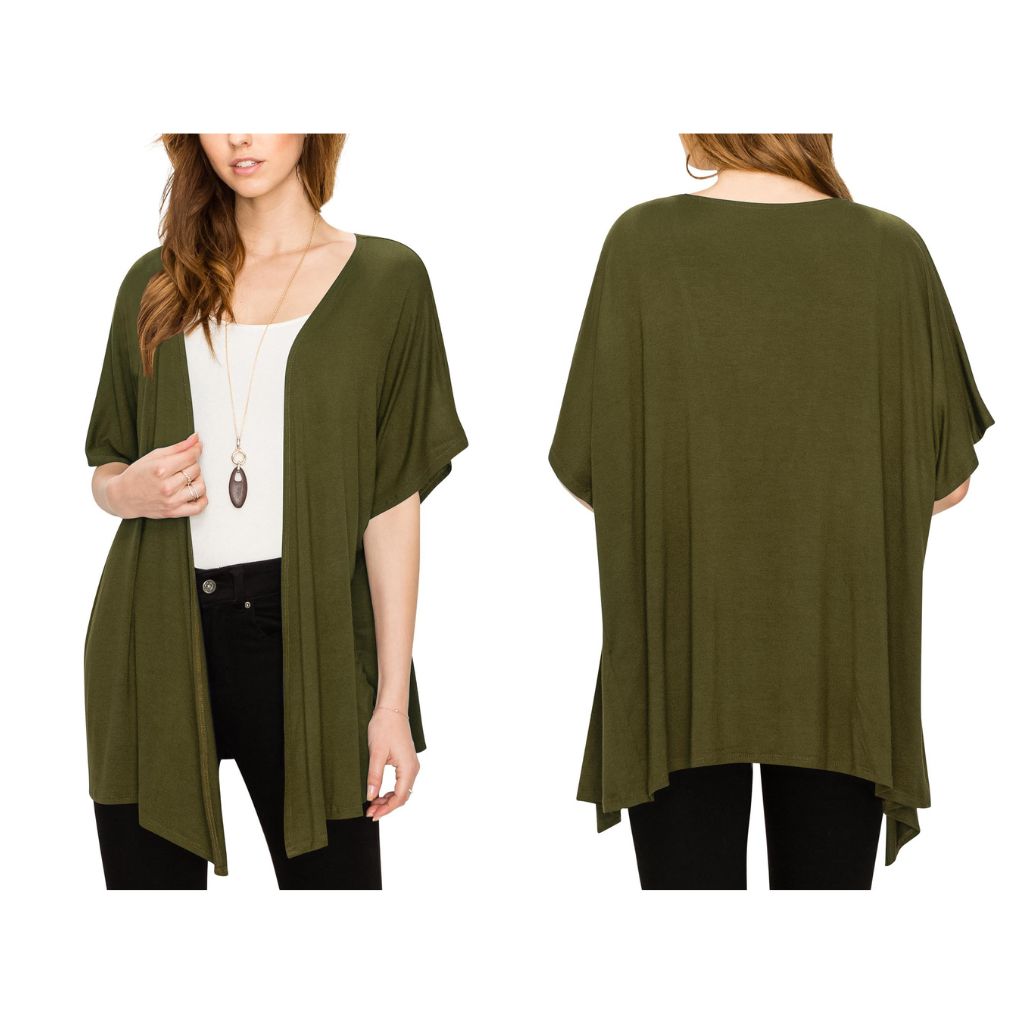 Women's Short Sleeve Open-Front Loose Kimono-Style Cardigan - Small - Olive