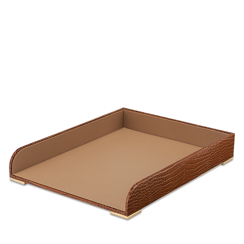 Aerin Classic Croc Embossed Leather Paper Tray in Chestnut