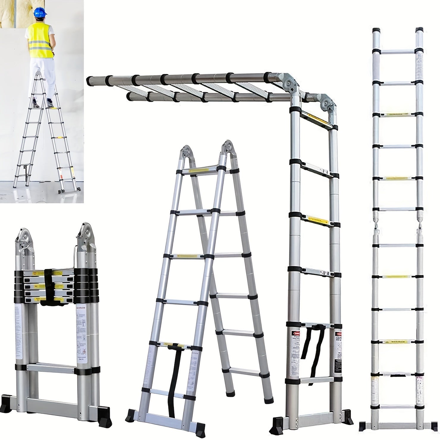 TEMU 12.5ft-3.8m(1.9+1.9m) Aluminium Telescopic Step Ladder -straight Telescoping For Multi Purpose With Bar Anti-slip Feet Portable For Home