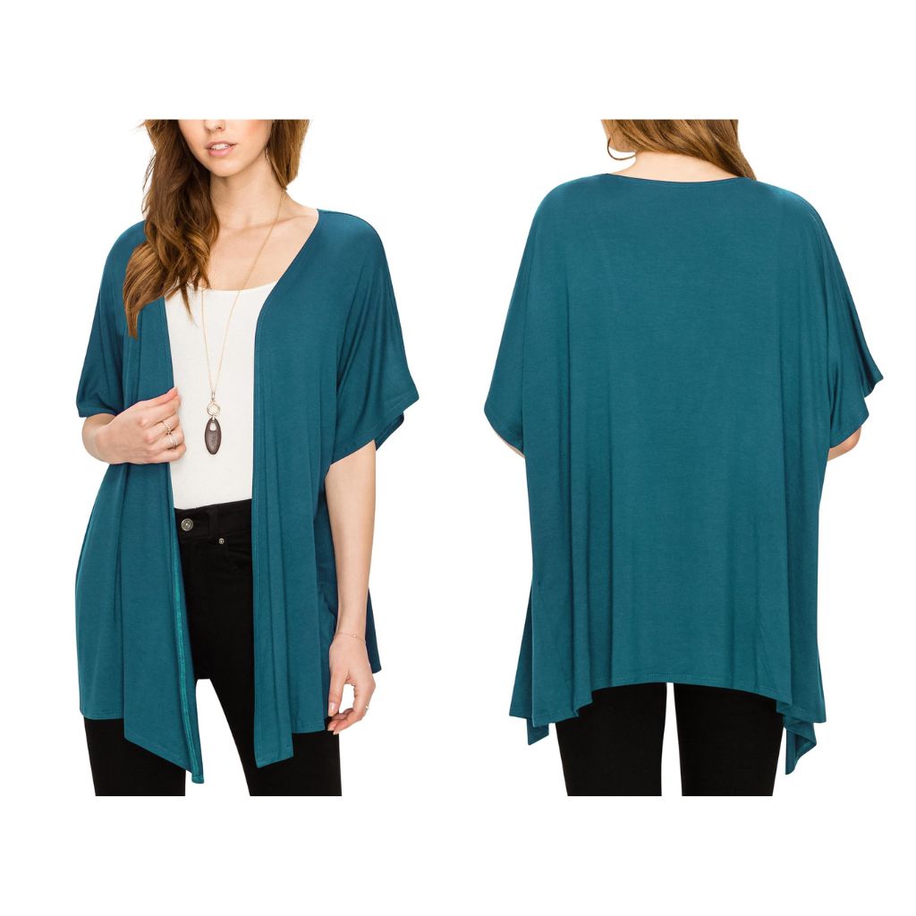Women's Short Sleeve Open-Front Loose Kimono-Style Cardigan - Large - Teal