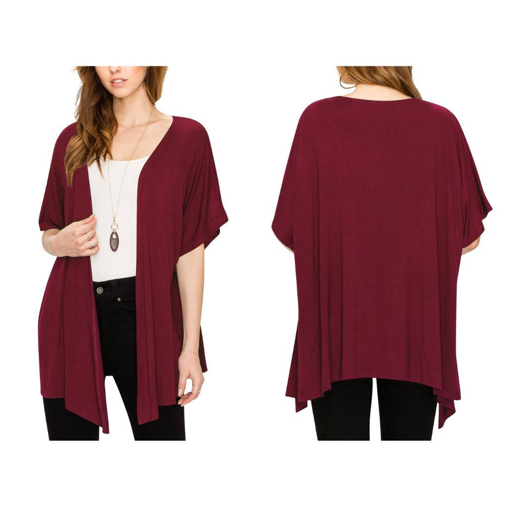 Women's Short Sleeve Open-Front Loose Kimono-Style Cardigan - X-Large - Wine