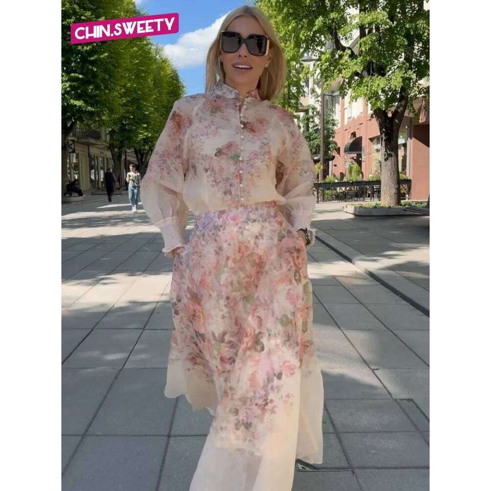 Chiffon Flower Printed Skirt Set Women Elegant Casual Button Shirt High Waist A-Line Long Skirts Suit 2025 Summer Holiday Outfit