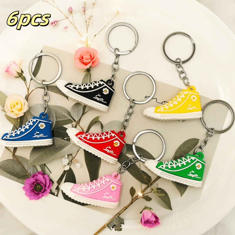 TEMU 6pcs Fashionable Pvc Keychains Simulation Small Chrysanthemum Canvas Shoe Keyrings, Pendants, Car Key Accessories, Suitable For Sports