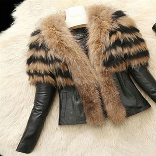 Women&#039;s Fur Faux Autumn Winter Coat Jacket Female Slim Fit PU Leather Coats Fluffy Outerwear Jackets 220927