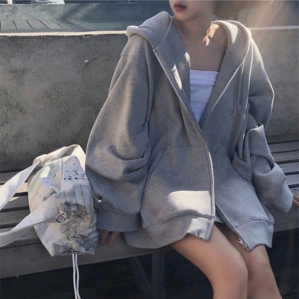 Grey thin zippered hoodie for women&#039;s spring and autumn Korean casual coat, oversized loose sports hooded top hot-selling item