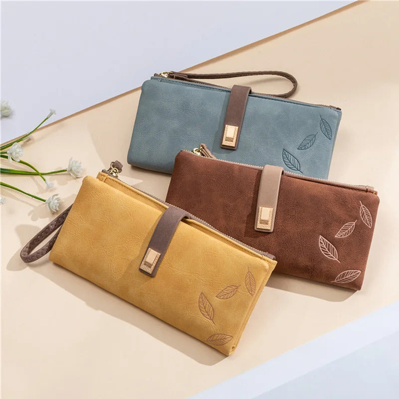 Women Wallet Fashion Long Retro PU Leather Credit Card Holder Frosted Leaf Print Buckle Zip Purse Female Handbag Wallets 251015