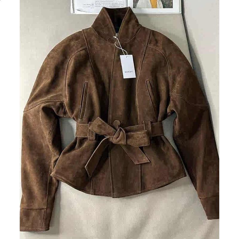 Elegant Brown Short Suede Jacket With Belt Women Lapel Long Sleeve Cropped Coat Fashion Female Autumn Office Street Outerwears 241017