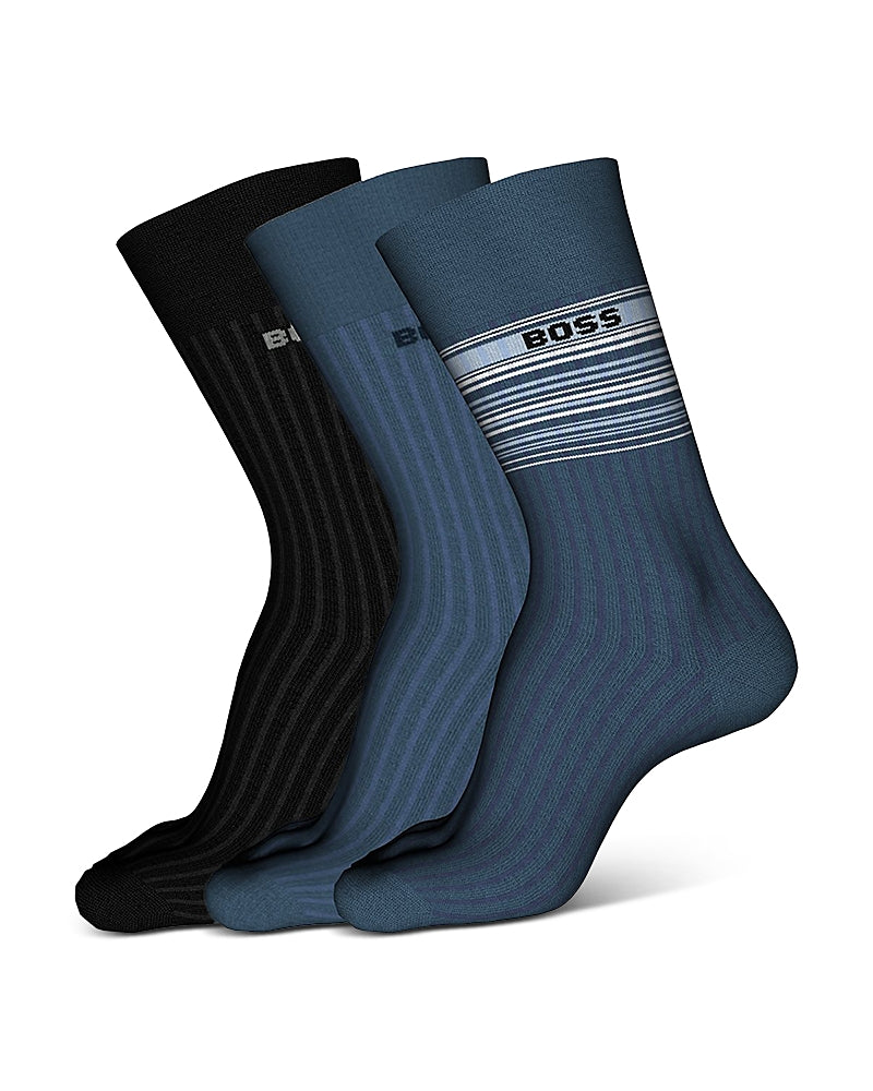 Boss Ribbed Stripe Logo Crew Socks, Pack of 3