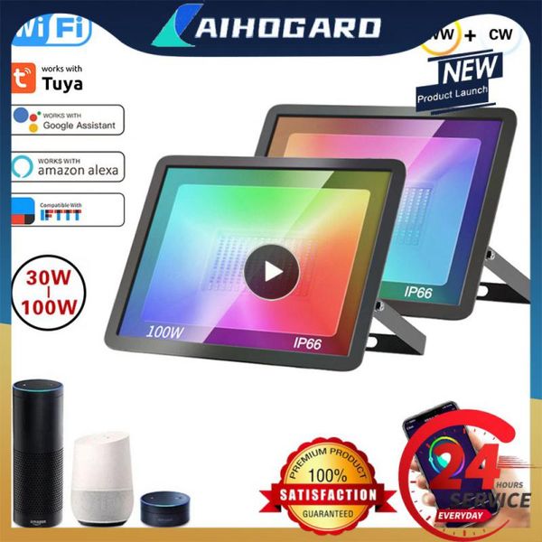 Reflector RGB Smart Floodlight Outdoor Spotlight 30W 50W 100W Waterproof 220V Warm Cool Lighting Tuya WIFI Control for Alexa