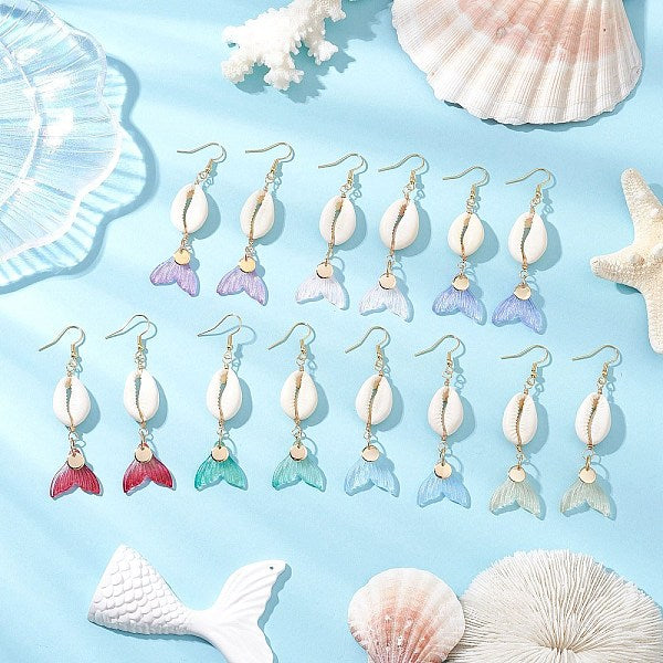 7 paire de boucles d'oreilles pendantes en verre et coquillages cauris naturels