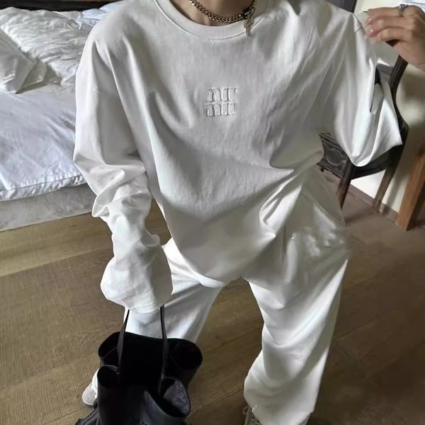 Luxury Miuu Miuu Shirts Womens Blouses High Quality Original Internet Red Style Sticky Cloth Letter Round Neck Mens Doudoune Femme Thin Long