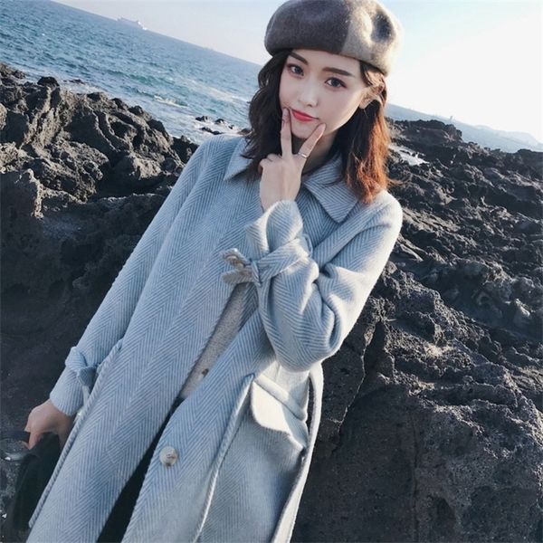 Women&#039;s Wool Blends Women Woolen Coat Elegant Turn Down Collar Single Button Women Long Coat With Belt Winter Thick Warm Coat Casaco Fe