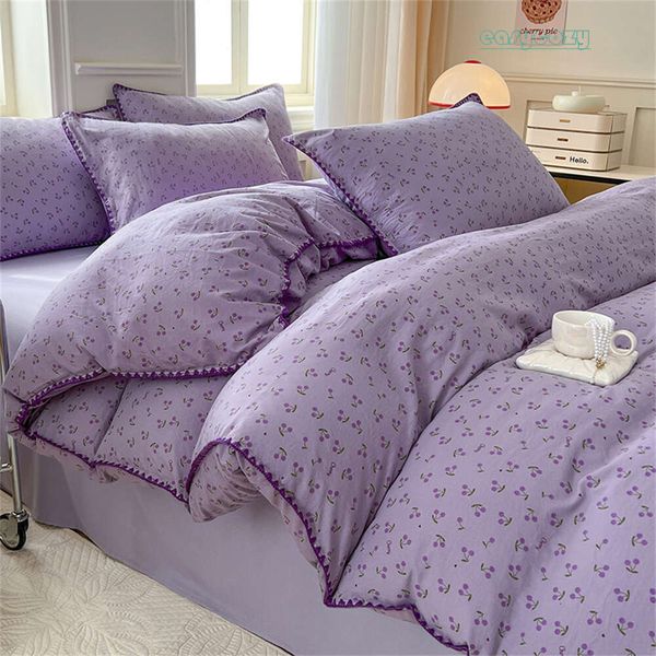 Washed Cotton Duvet Cover Purple Cherry Bed Sheet Pillowcase for Adults and Kids Home Textiles Four-piece Bedding Set 250