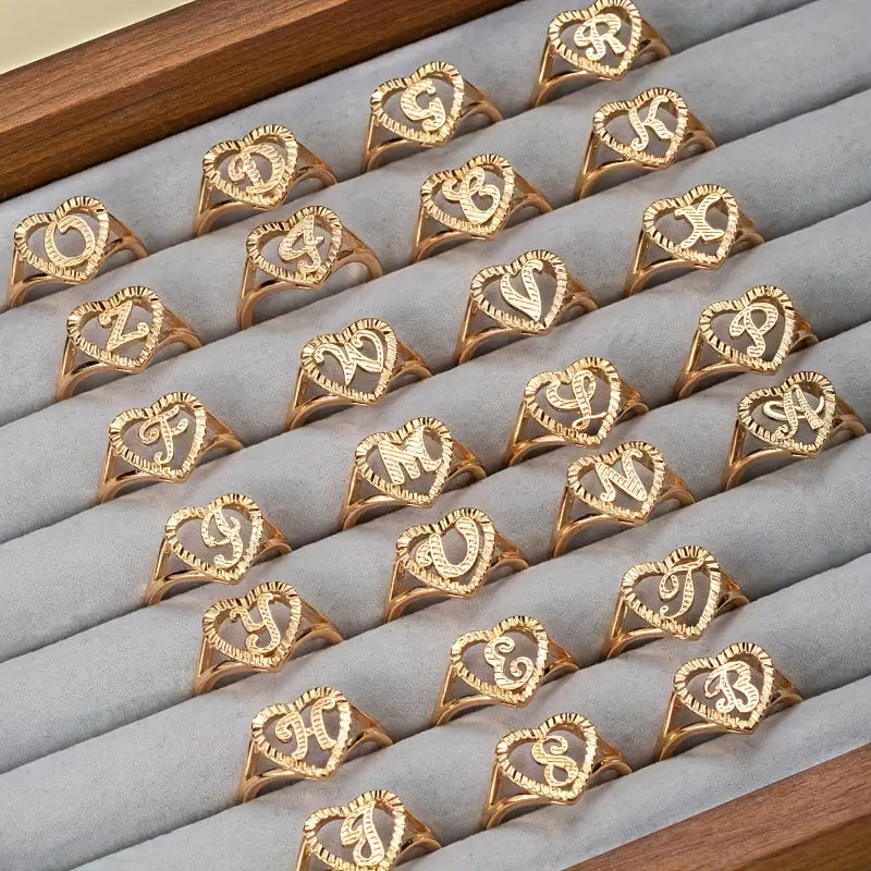 TEMU (26 Letter) 1pc Bohemian Cute 14k Golden Plated Heart Letter Rings, New Simple And Fashionable 26 English Letter Pendant, Initial Letter Rings