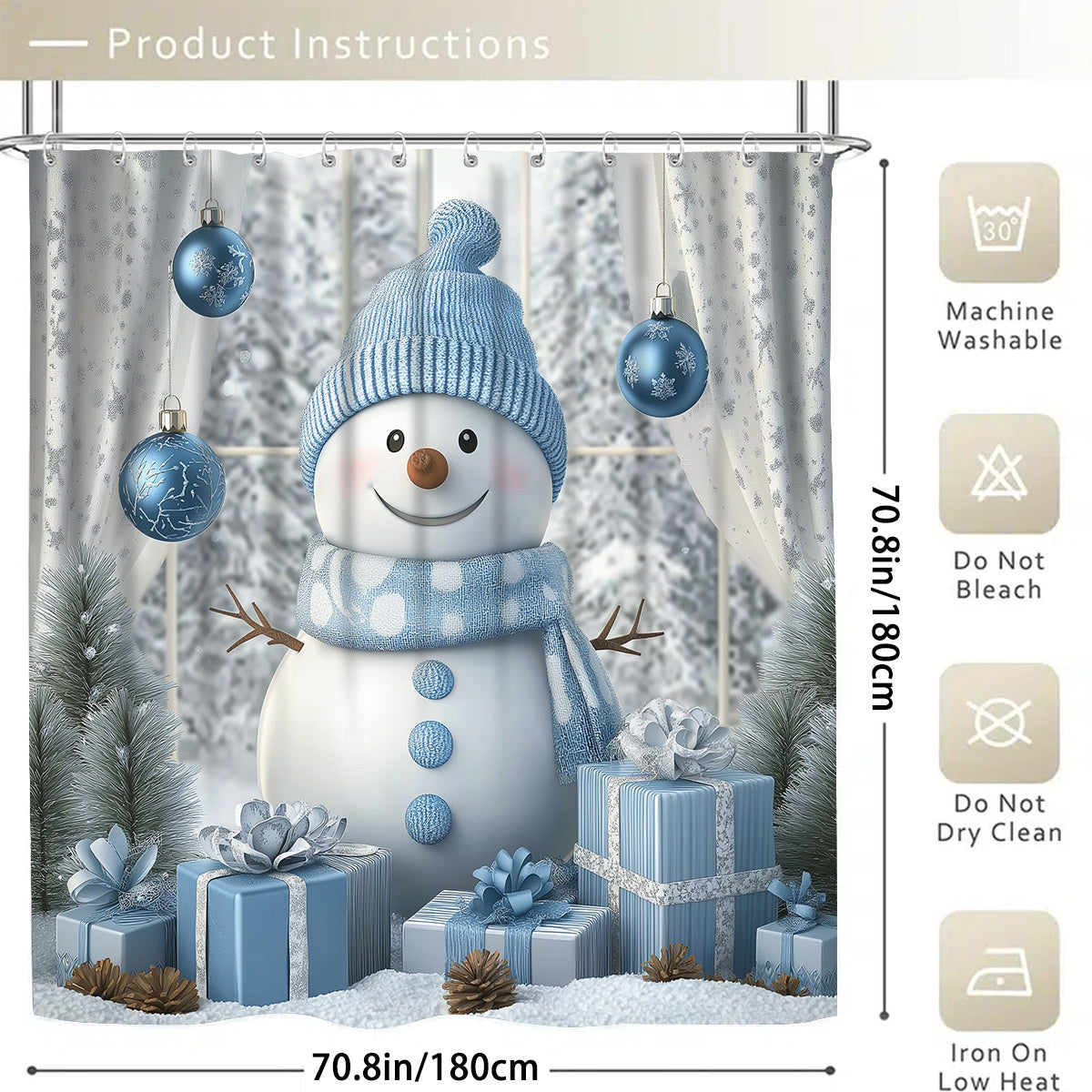 TEMU 1-4p Festive Snowman & Christmas Tree Shower Curtain Set - Polyester, Non-slip Bathroom Mat, Toilet U-shaped Mat, Toilet Seat Cover, 12 Hooks,