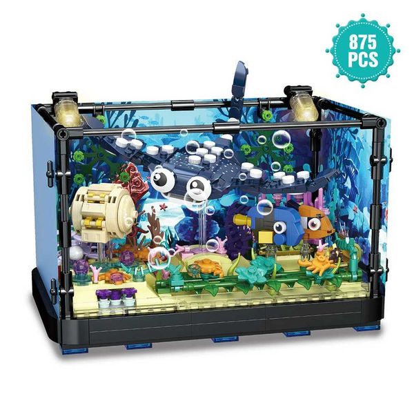 Blocks Blocks Fish Tank Block Set with Lights Aquarium Marine Life Shark Eco Playset for Kids 6+ Years Gift Ocean Lovers H241115 Y240208