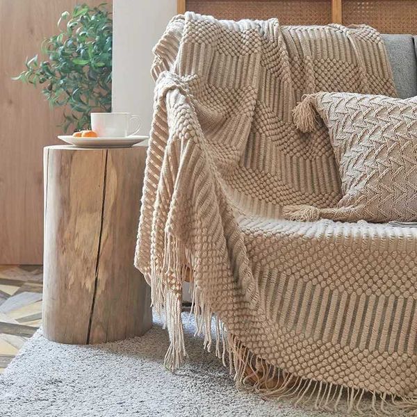3D Knitted Blanket With Tassel Solid Color Sofa Blanket Cover Nordic Home Decor Throw Blanket For Bed Portable Breathable ShawlM240807