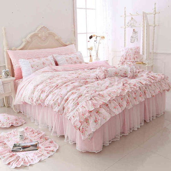 100% Cotton Floral Printed Princess Bedding Set Twin King Queen Size Pink Girls Lace Ruffle Duvet Cover Bedspread Bed Skirt Set T220817
