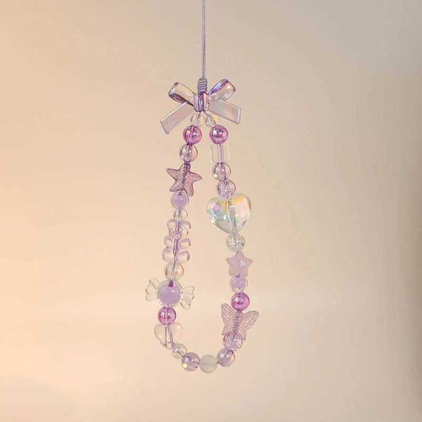 Straps Charms Sweet Purple Bowknot Stra Y2K Aesthetic Heart Beaded Lanyard Anti-Los Cell Phone Chains Wrist Strap For Girls Gift J241108