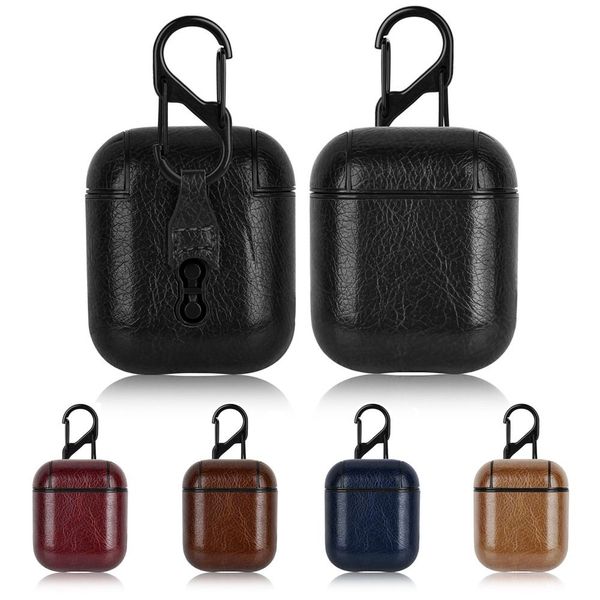 PU Leather Earphone Case for AirPods 1-2 Gen Earbuds Cover Wireless Headphone Protective Shell with Carabiner