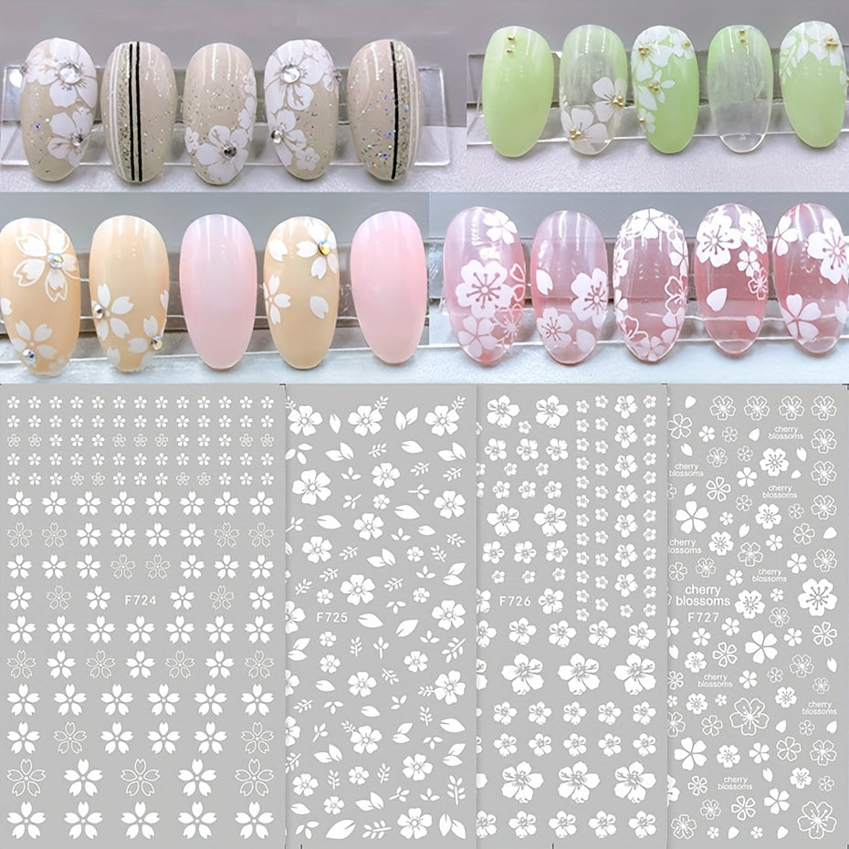 TEMU 4pcs 3d Sakura Nail Stickers White Cherry Nail Art Decals Spring Summer Adhesive Slider Decoration Manicure