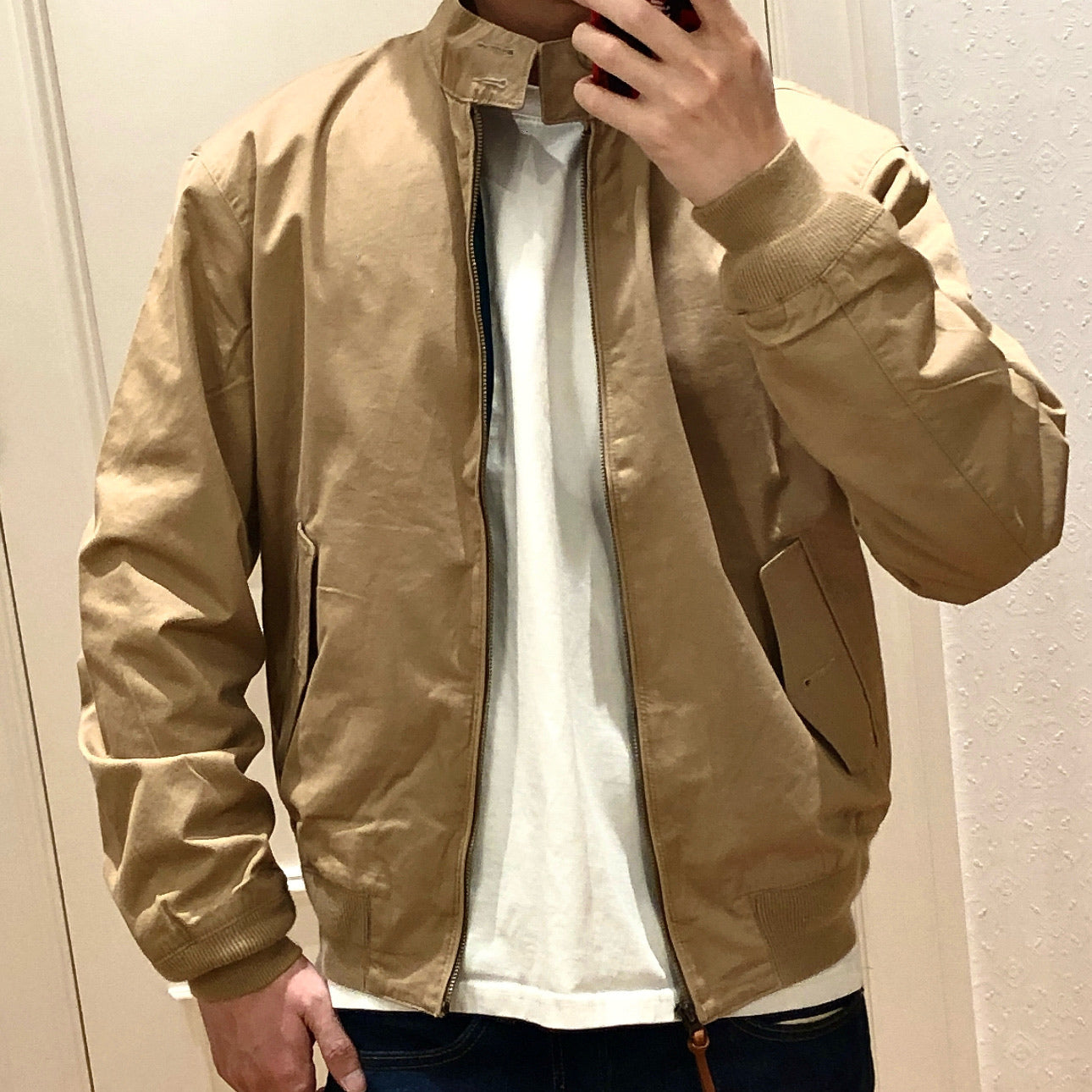 Utility Workwear Jacket for Men Small Horse Embroidery Detail Casual Zip Up Khaki Coat Lightweight Outerwear Fashion Streetwear Leather Style Bomber