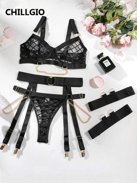CHILLGIO Women Transparent Bra Brief Suits Fashion Bodycon Mesh Chain Lingerie Casual 4 Pieces Push Up Underwire Underwear Sets Z241206