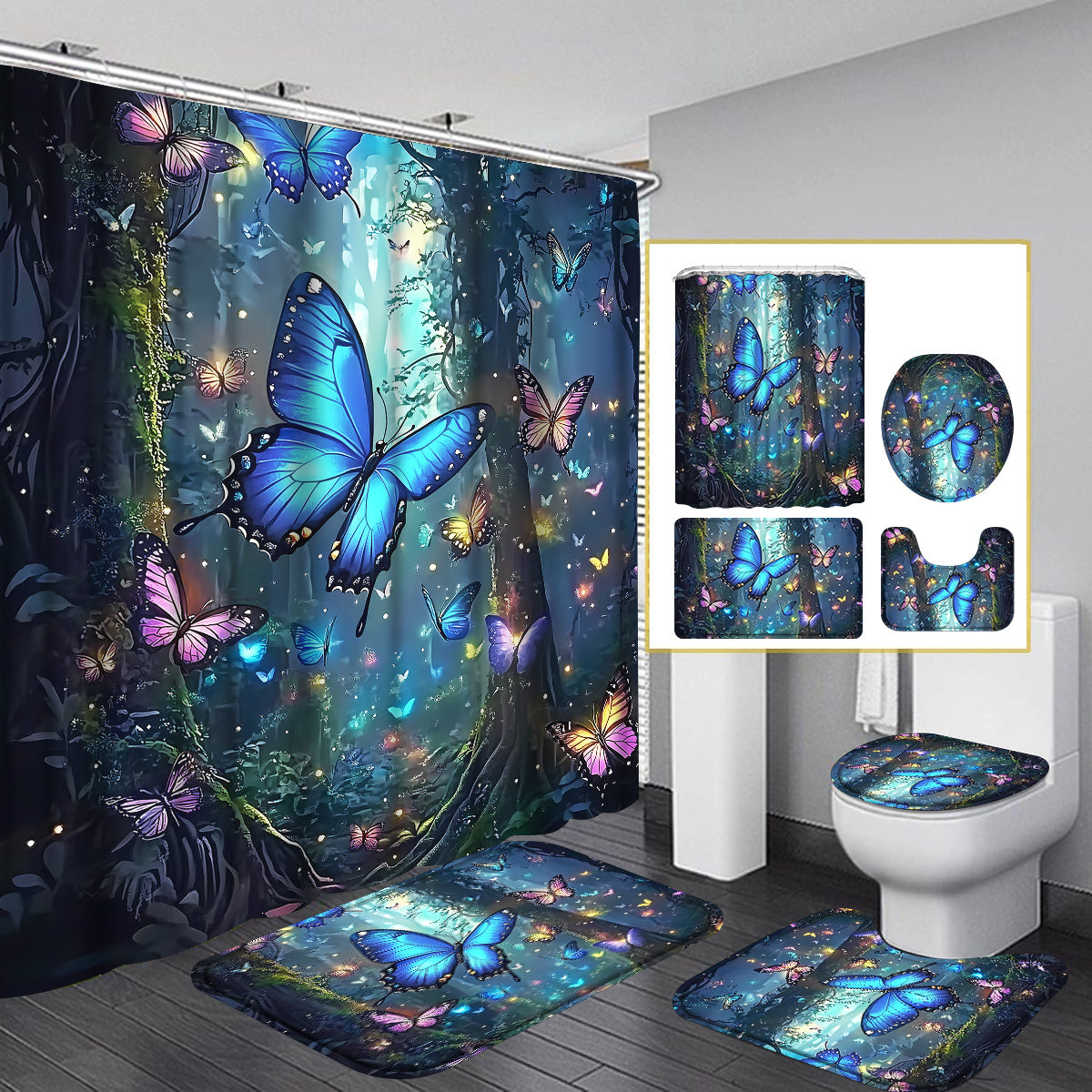 TEMU 4pcs Forest Shower Curtain Set, Fantasy Fairy Garden Wood Bathroom Sets With Shower Curtain And Rugs And Accessories, Firefly Tree Curtain With