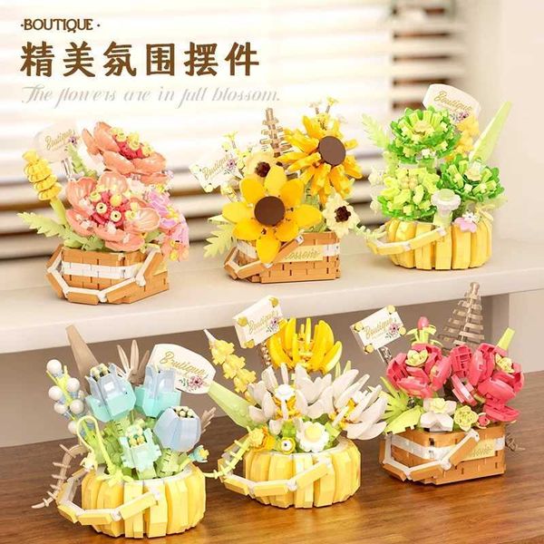 Blocks Bouquet building block meat artificial basket kit bonsai garden brick DIY pottery plant model toy H240930