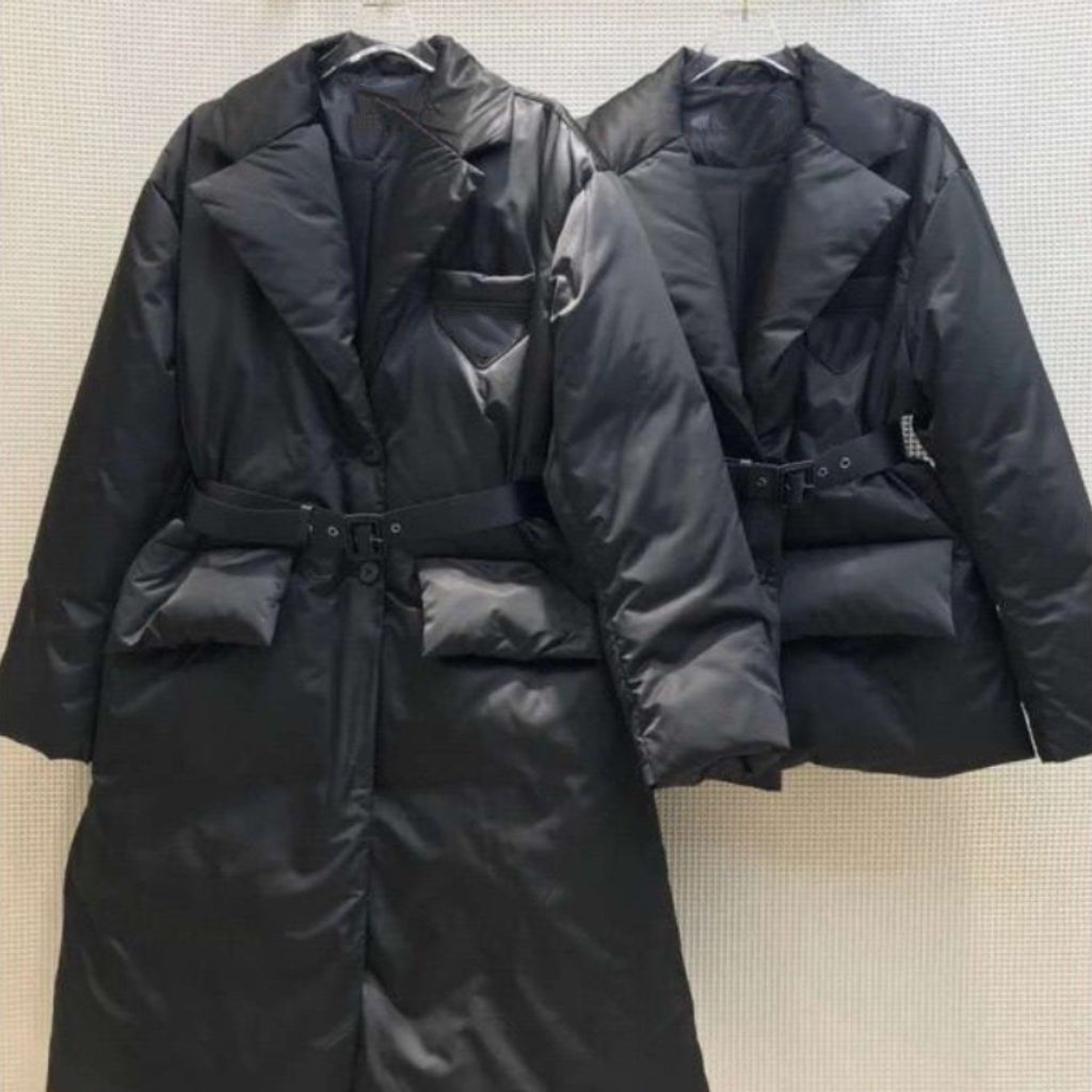 Womens X-Long Down Suit Coat Parkas Down Jacket Degigner Down Coats Long Outerwear Winter Jacket Short Belt Collar Bread Thickened Warm Military Cas