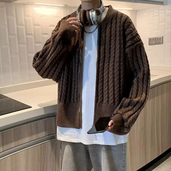 Mens Open Collar Loose Knitted Jacket Warm Korean Fashion Harajuku Sweater Mens Retro Long Sleeve Color Blocked Jacket 241011