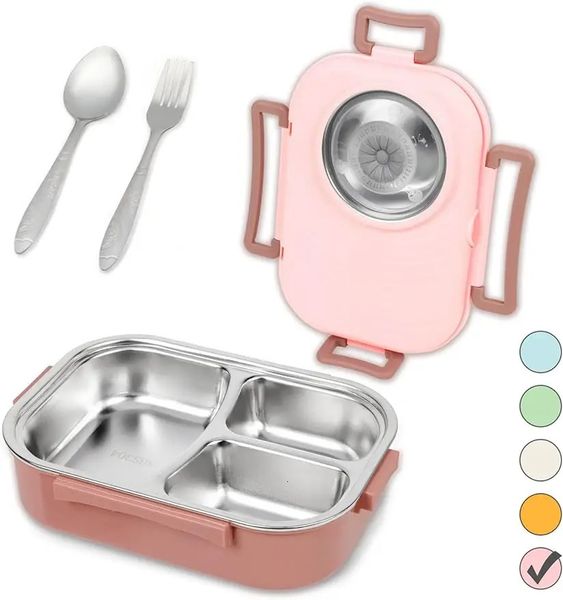 Stainless Steel Bento Lunch Box Food Containers with 3 Compartments and Reusable Sauce Bowl Fork Spoon for Kids Adults 240312