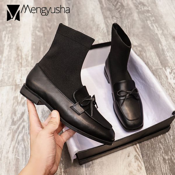 soc autumn winter women&#039;s British short booties knitting match riding boots bowtie botas shoes women botines big size43 2af5
