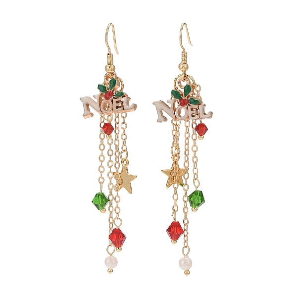 Boucles d'oreilles pendantes en alliage d'émail et de perles de verre word noel