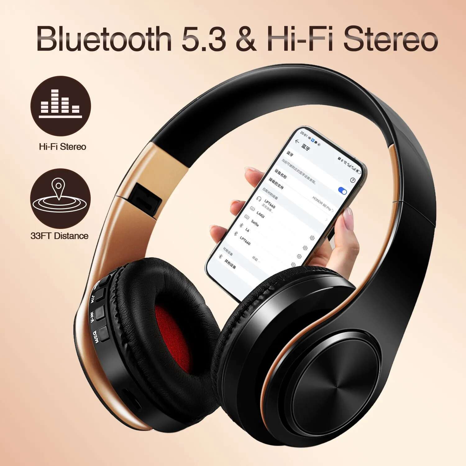 Men Gift Gold Wireless Headphones Bluetooth Earphone Stereo Headset Build-in MIC with 3.5mm Jack for Xiaomi Samsung IPHONE